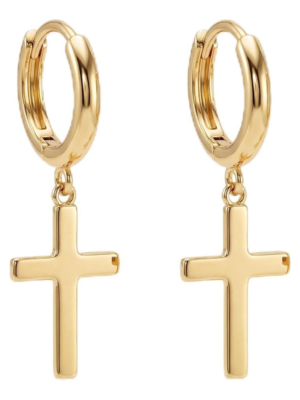 Small Huggie Hoop Cross Dangle Earrings 14K Gold Plated Hypoallergenic